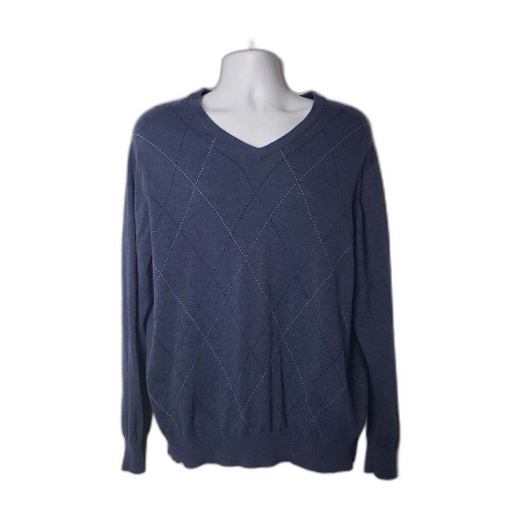 IZOD Blue Argyle V Neck Sweater Mens Size XL
